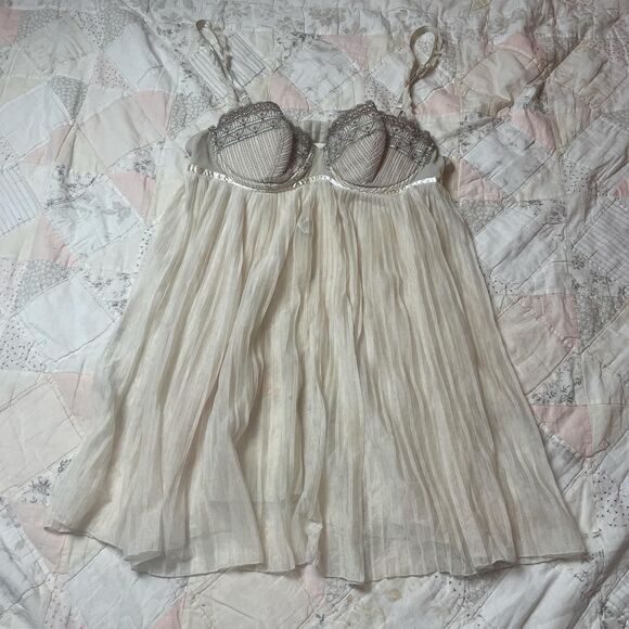 flora beige boho cottage slip dress with light blue ribbon size large - Picture 1 of 7